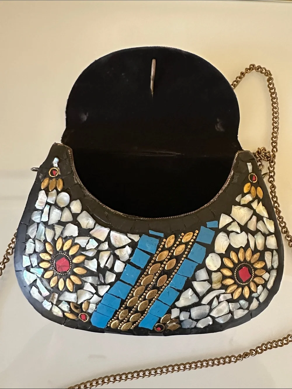 Handcrafted Moroccan Mosaic Flower Evening Boho Crossbody Bag in Blue and White